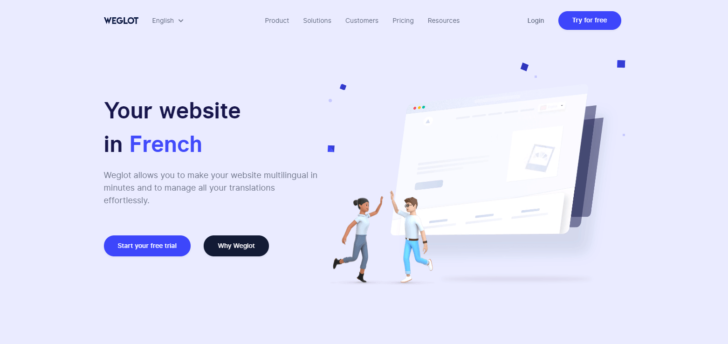 Página inicial do site Weglot, considerado o melhor plugin de tradução para WordPress no quesito tradução como serviço.