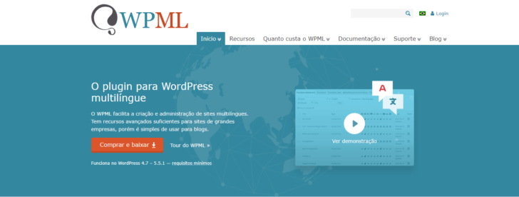 Página inicial do site WPML, um dos melhores plugins para tradução do WordPress em robustez.